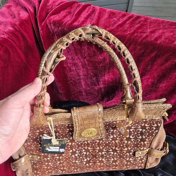 House of Deréon Brown Croc Embossed Tapestry Satchel Handbag - Picture 3 of 13